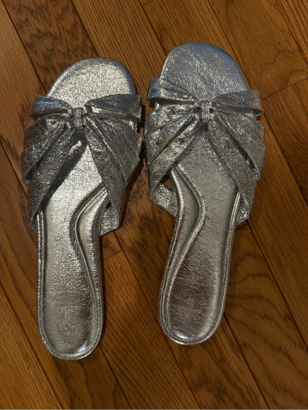 Zara Metallic Silver Knot Bow Slide Sandals
